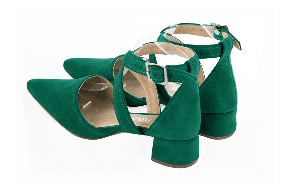 Women's emerald green open side dress shoes, with crossed straps. Tapered toe. Low flare heels - Rear view